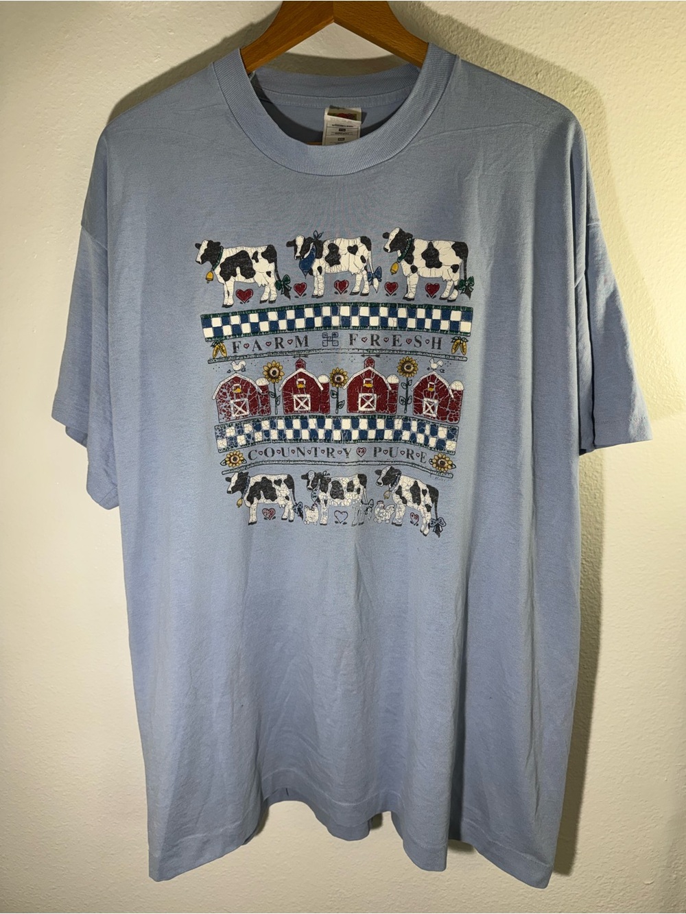Vintage 90s Fruit of the Loom Single Stitch Farm Fresh Cow T Shirt Blue XXL USA